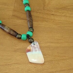 Vintage Bone Bead Necklace Turquoise Glass Shell Pendant Boho Tribal 30g